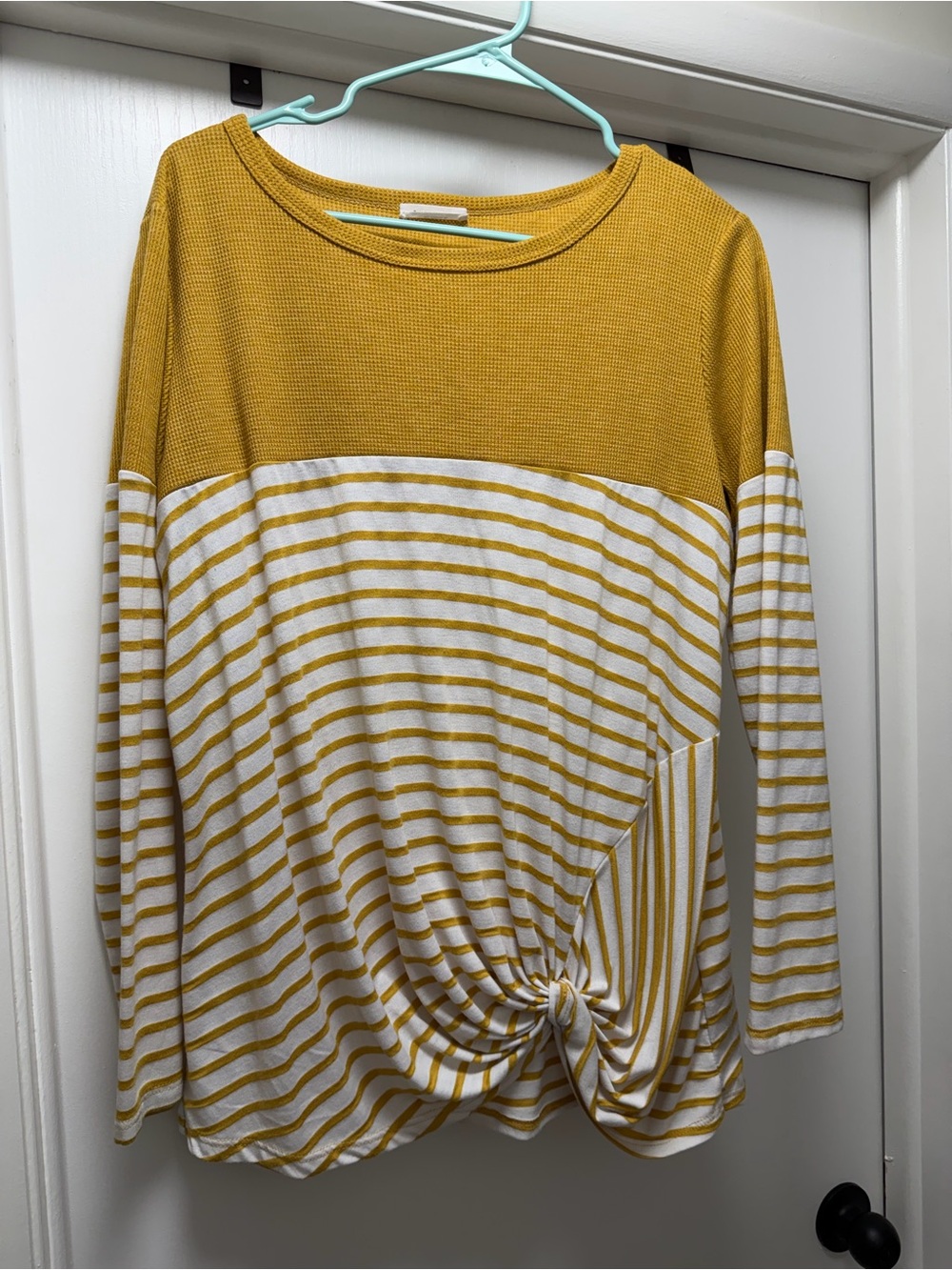 Striped Mustard and White Knot-Front Long Sleeve Top